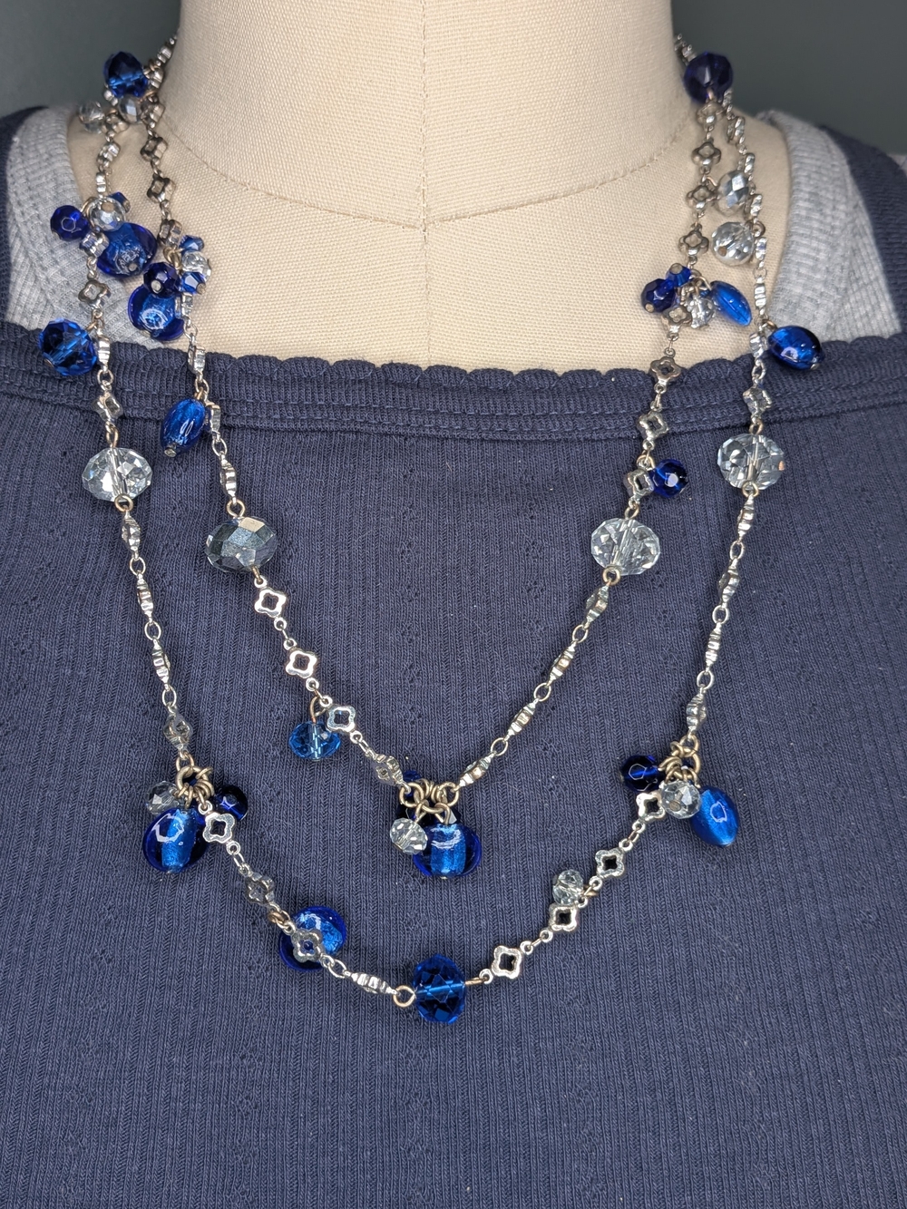 White House Black Market Royal Blue Crystal Beaded Long Chain Station Necklace